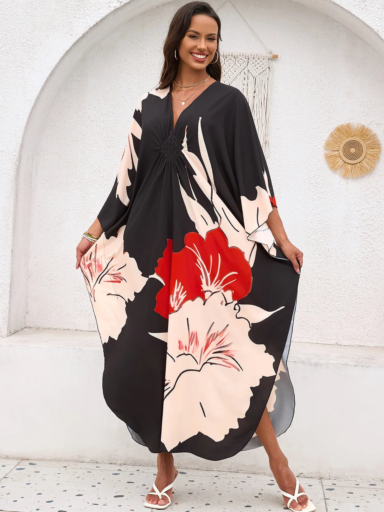 Plus Size Women Floral Print Kaftan Dresses Plus Size Swimsuit Coverup Summer Bathing Suit Caftan Loungewear Beach Dress 5DB245-14 One Size