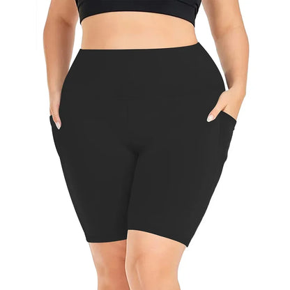 Women's High-Waisted Yoga Shorts Plus Size Workout Leggings with Dual Pockets Stretch European Style Activewear for Gym & Casual