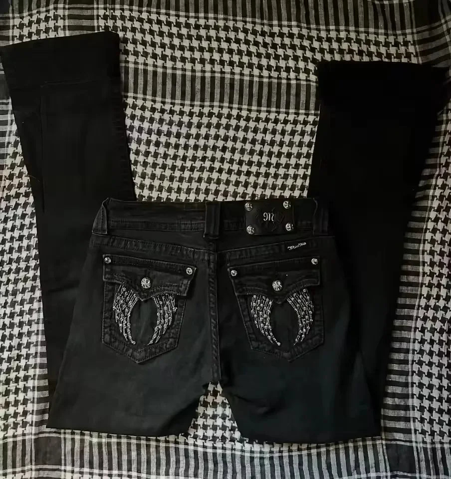 Streetwear Vintage Sakura Jeans Y2K Mens Womens Harajuku Hip Hop Embroidery Retro Black Baggy Jeans Low Waist Wide Leg Trousers 11