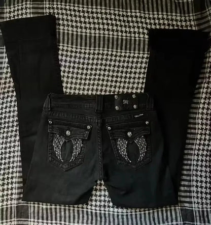 Streetwear Vintage Sakura Jeans Y2K Mens Womens Harajuku Hip Hop Embroidery Retro Black Baggy Jeans Low Waist Wide Leg Trousers 11