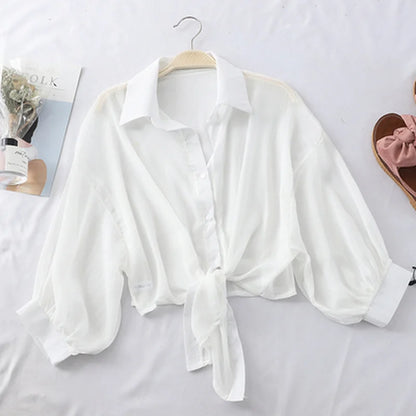 2023 Summer Half Sleeve Buttoned Up Shirt Loose Casual Blouse Chiffon Shirts Women Tied Waist Elegant Blouses for Women 9776 WHITE