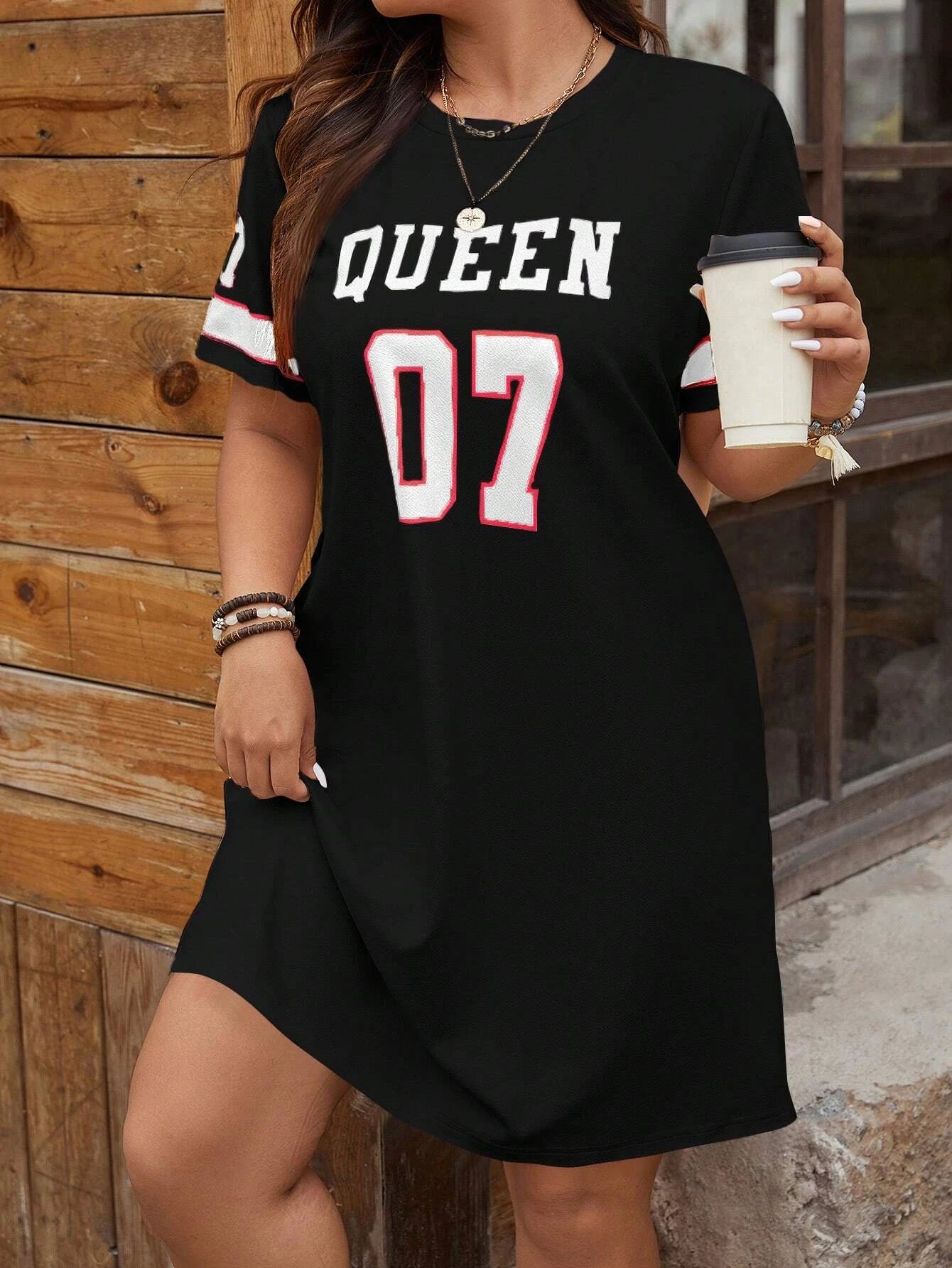 Plus Size Women's Summer Music Festival Pattern Sporty Casual Letter Print Fashionable 07 Printed Jersey Tenniscore Dress SYF112902