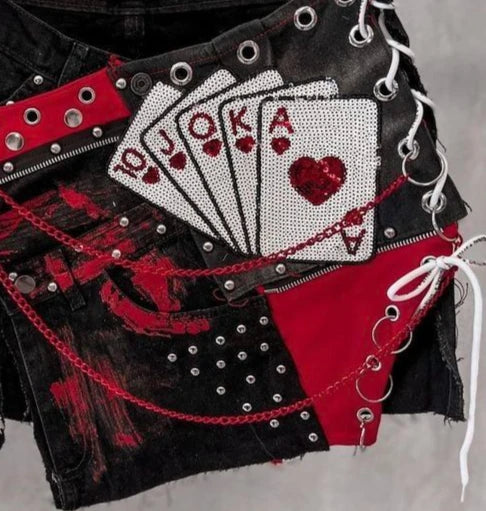 Gothic Retro Skirt Y2K Denim Shorts Sweetheart Playing Card Graphic Retro Rhinestone Baggy Shorts High Waist Slim Fit Mini Skirt