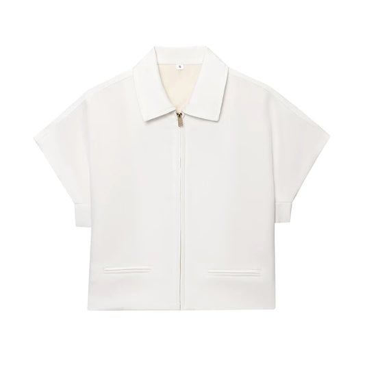 RAFZNB Women's Cropped Jackets Coats Fashion Turn-down Collar Short Sleeve Coats Casual Female Outerwear Chic Tops