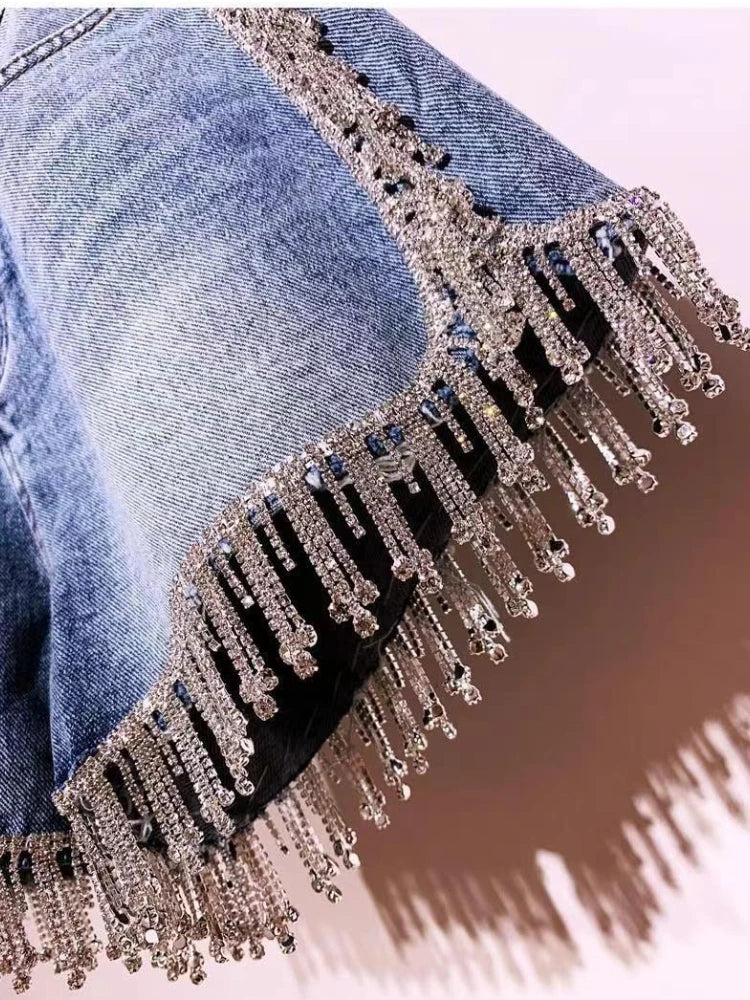 Sexy Wimen Rhinestones Fringed High Waist Hot Drilling Denim Shorts Diamonds Tassels Jeans Hot Pants Chic Crystal Short Trousers