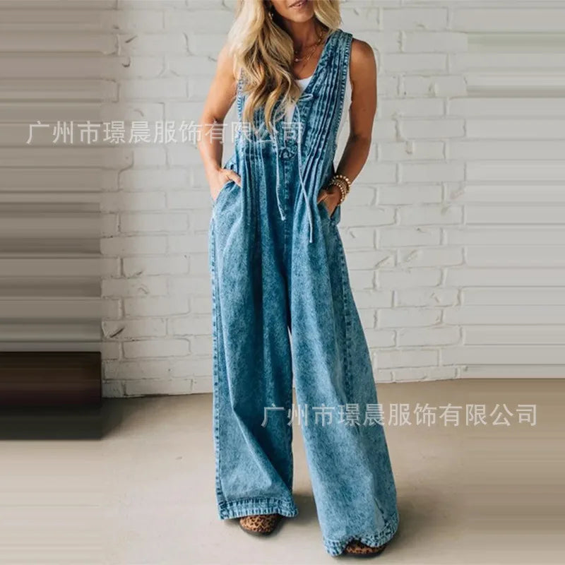 Fashion Casual Jumpsuit Women's 2025 Loose Sleeveless Solid color Pleated Lace-up One Piece Set Romper Pocket Playsuit（no Denim） Badiee Stylez