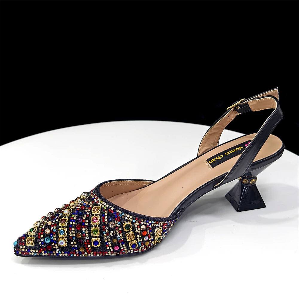 2025 Luxurious Italian Women's Party Shoes & Bag Set – Elegant Golden Rhinestone Spring/Summer Sandals with Pointed High Heels f