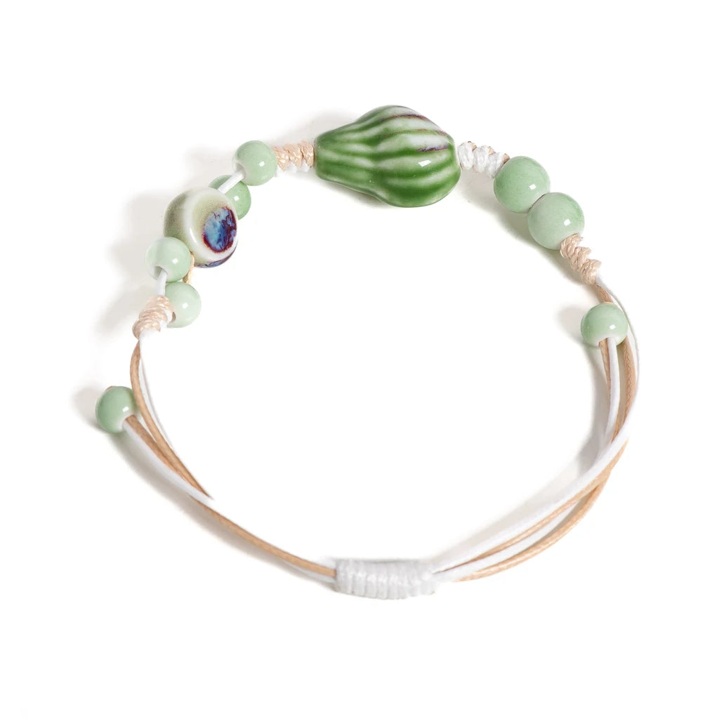 Ethnic Boho Handmade Ceramic Seashell Bracelet Adjustable Woven Vintage Jewelry Gift for Women S02-034