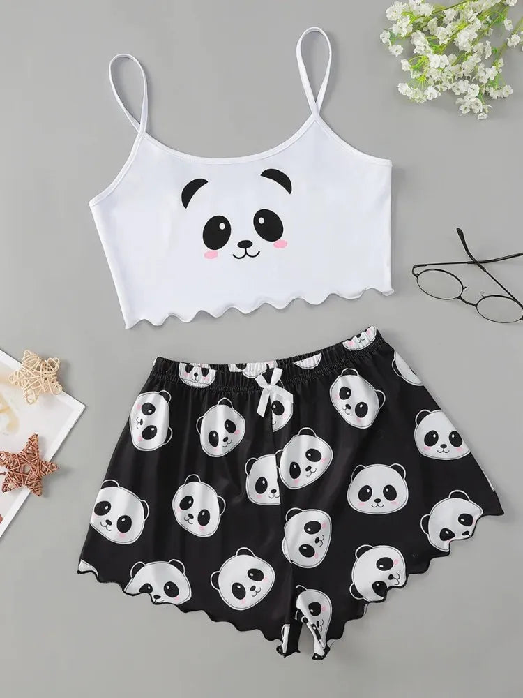 Women's 2pcs Cute Soft Comfy Cartoon Panda Print Sexy Sleepwear Sleeveless Shorts Homewear Pajama Set Loungewear black