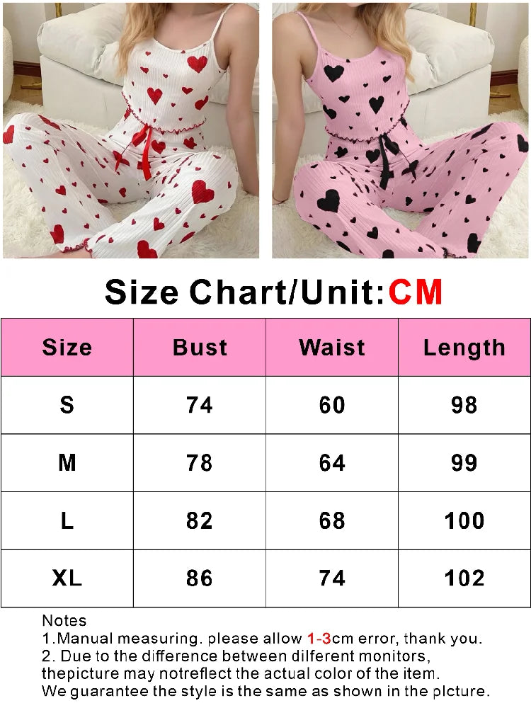 Casual Women's Pajamas Set White Red Love Printing Soft Short Vest And Bow Trim Long Pants Summer Sexy Lingerie Homewear Suit