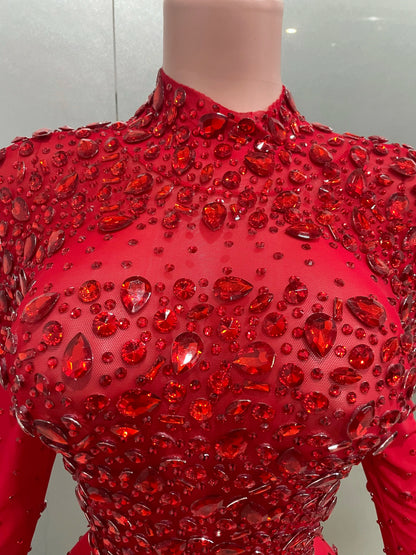 Luxury Sparkling Red Crystals Feathers Mermaid Long Sleeve Maxi Dress Women Formal Occasions Wedding Celebrate Party Prom Gown Badiee Stylez