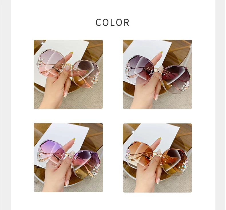 Women's New Diamond-encrusted Sunglasses Rimless Cut Edge Sunglasses Big Face Slimming Sunglasses