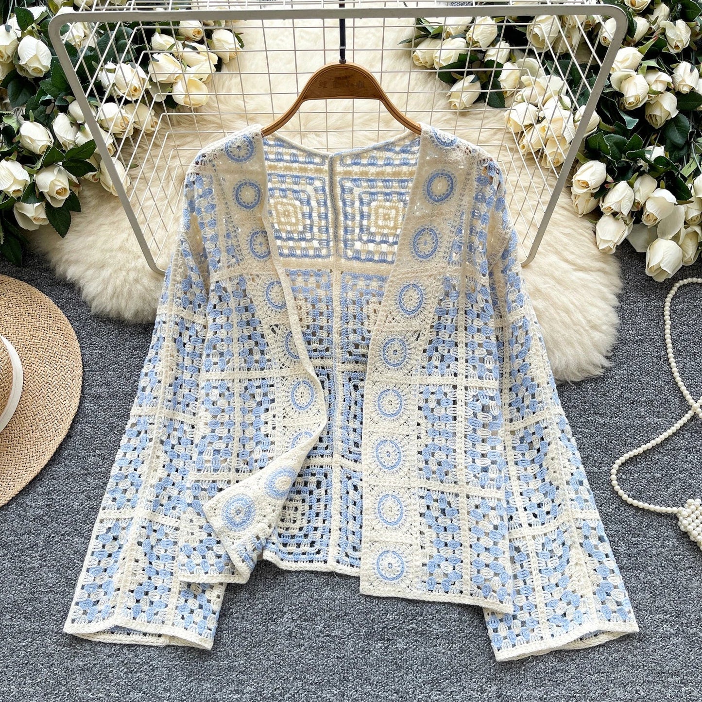 SINGREINY Vintage Boho Loose Plaid Cardigans Female Long Sleeves Hook Flower Hollow Tops 2025 Vacation Sunscreen Casual Shirt Badiee Stylez