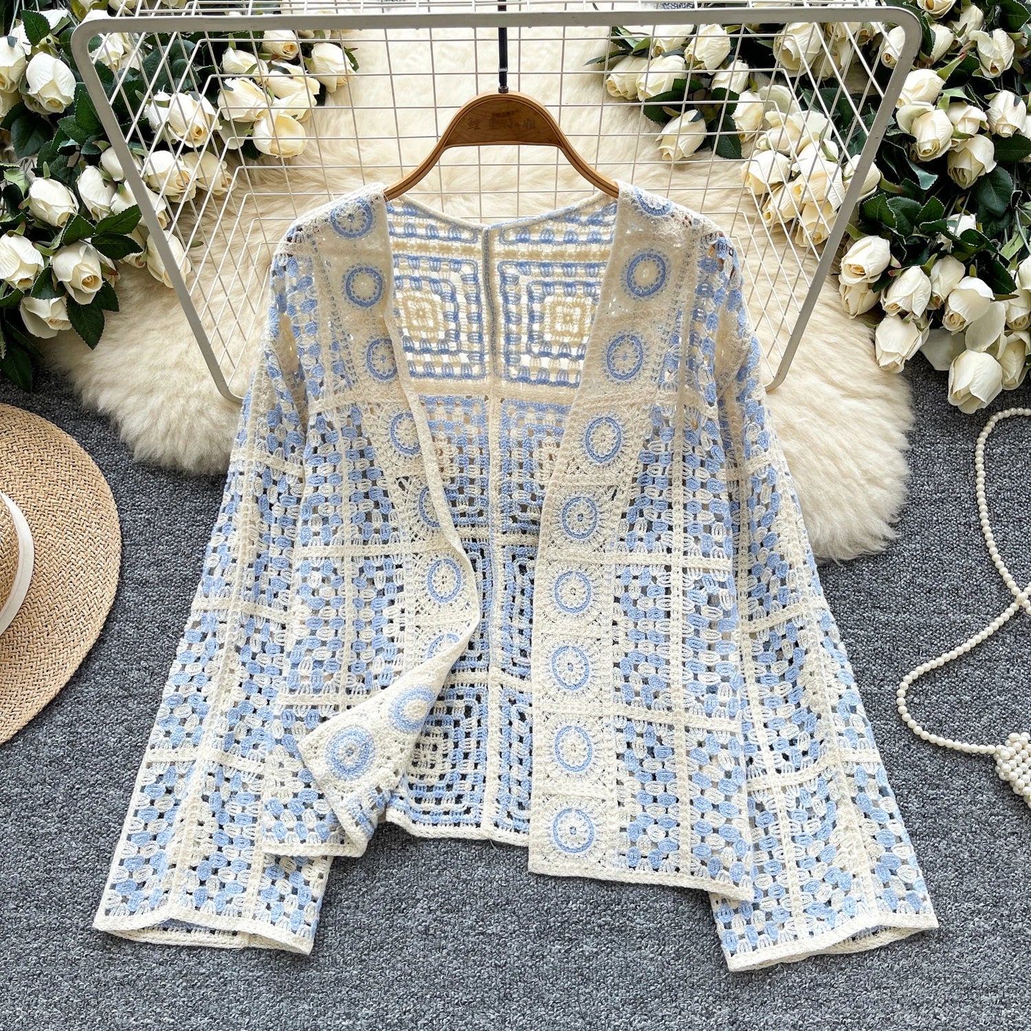SINGREINY Vintage Boho Loose Plaid Cardigans Female Long Sleeves Hook Flower Hollow Tops 2025 Vacation Sunscreen Casual Shirt Badiee Stylez