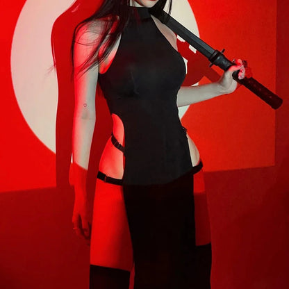 Japanese Long Skirt Hot Girl Off Shoulder Solid Cut Out Dress Sexy Sleeveless Crew Neck Split Thigh Bodycon Dress Women Clothing