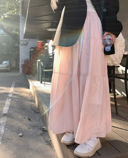 Pink midi skirt for women in spring and autumn summer 2025new high waist slimming A-line long skirt, small and fluffy cake skirt