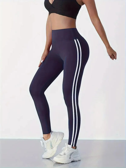 Women's High-waist Slimming Leggings Side Stripe Pattern Breathable Yoga Pants Sportswear Athletic Apparel Navy Blue