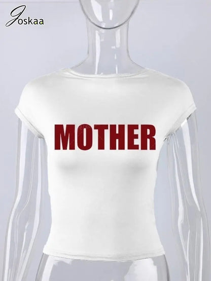 Joskaa Letter Printed Y2K T-Shirts Women Hipster Sexy O-Neck Short Sleeve Slim Crop Tops 2025 Summer Graphic Tees Streetwear