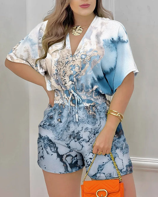 Jumpsuit Women Summer Women Loose Casual Printing Jumpsuit 2024Elegant Women Fashion V-neck Short Sleeve Waist Shorts Jumpsuit