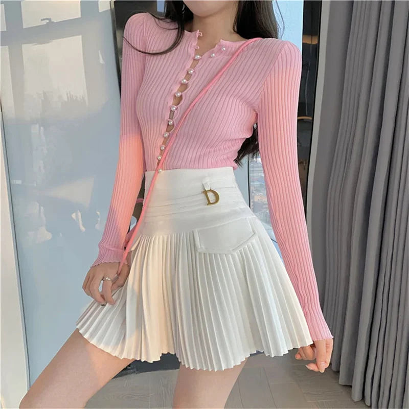 White Pleated Skirt Women High Waist Skater Skirt Female Korean A-Line High Fashion Casual Short Skirt Women Bottoms WHITE