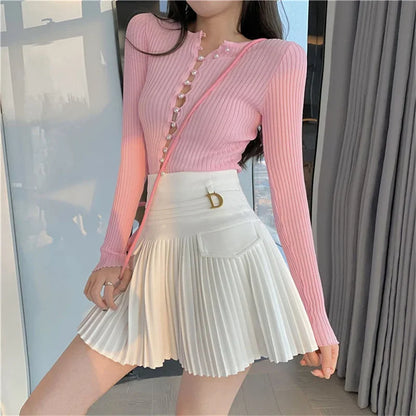 White Pleated Skirt Women High Waist Skater Skirt Female Korean A-Line High Fashion Casual Short Skirt Women Bottoms WHITE