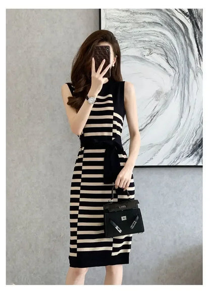 2025 Summer New Over-knee Long Temperament Slim Waist Vest Sleeveless Slim Striped Knitted Dress