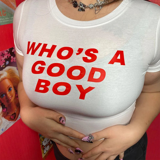 Letter Print Who's A Good Boy Crop Top T-Shirt Casual Crew Neck Short Sleeve Women's Clothing 2000s Grunge Aesthetic Y2k Clothes