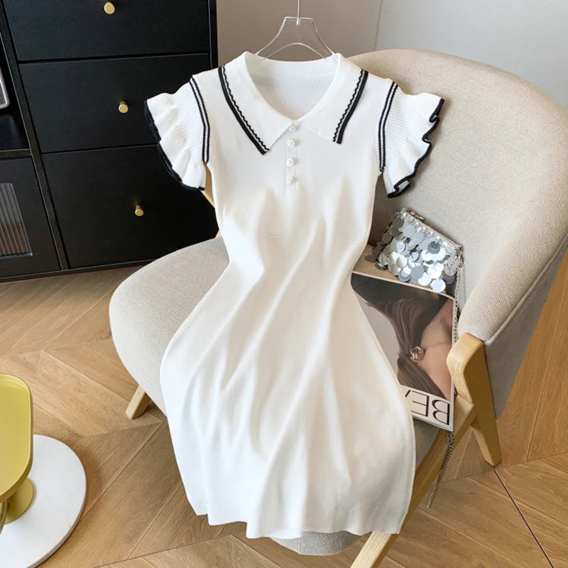 Women Preppy Style Buttons Short Sleeved Knit Dress Contrast Color Stripes Turn-down Collar Dress Summer Mid-Length Casual Dress WHITE One Size