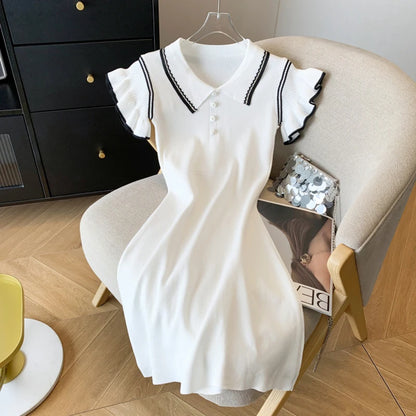 Women Preppy Style Buttons Short Sleeved Knit Dress Contrast Color Stripes Turn-down Collar Dress Summer Mid-Length Casual Dress WHITE One Size