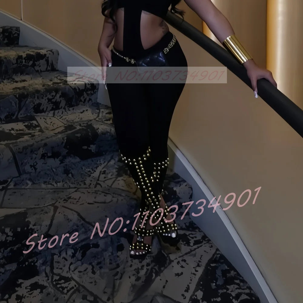 Gold Dome Studs Sandals Women Party Gladiator Open Toe Belt Buckle Zipper Knee High Shoes Female Sexy Black High Heels Sandals