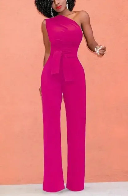 Women's Jumpsuit Solid Skew Collar Crop Top Straight Pants Belt Sexy Sleeveless Loose Pants Elegant Charming Playsuits 2024 Badiee Stylez
