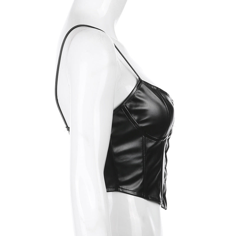 Women Corset Bustier Crop Top Lace-up Bandage Black Gothic Leather Underbust Suspender Cami Vest Waist BodyshaperTank Cummerbund