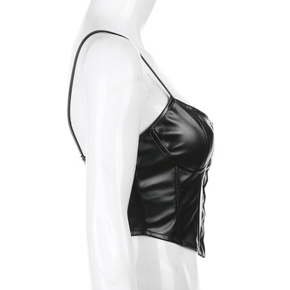 Women Corset Bustier Crop Top Lace-up Bandage Black Gothic Leather Underbust Suspender Cami Vest Waist BodyshaperTank Cummerbund