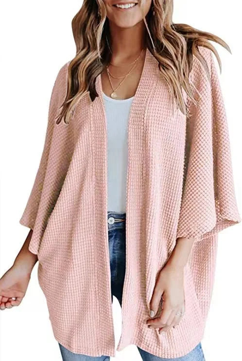 Oversized casual cardigan, women's plus size waffle knit cardigan with three-quarter length sleeves YD63 3