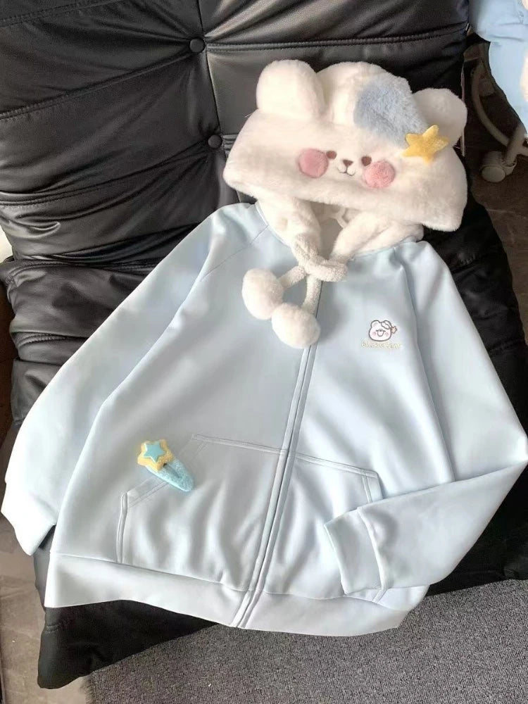 Vintage Kawaii Long Sleeve Loose Coat with Hooded Women Japanese Cute Zipper Sweatshirts Female Casual Y2k Jacket Overcoat Chic Badiee Stylez