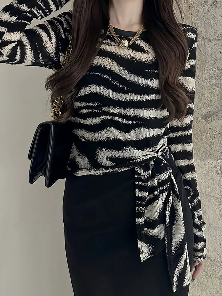 Long Sleeve T Shirt Womens Spring Autumn New Style Irregular Stripe Tie Detail Fitted Crop Top