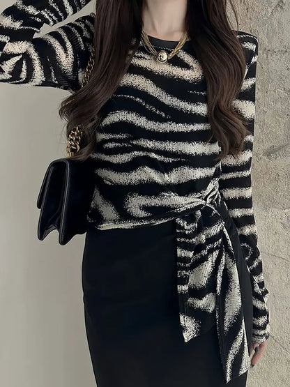 Long Sleeve T Shirt Womens Spring Autumn New Style Irregular Stripe Tie Detail Fitted Crop Top