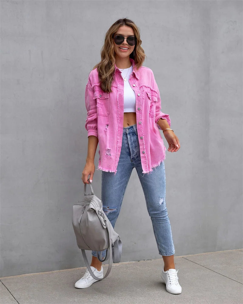 2025 Spring Autumn Shirt Style Denim Jacket Women Holes Raw-edges Jeancoat Casual Tops Female Oversize Loose Outerwear 7 Colors