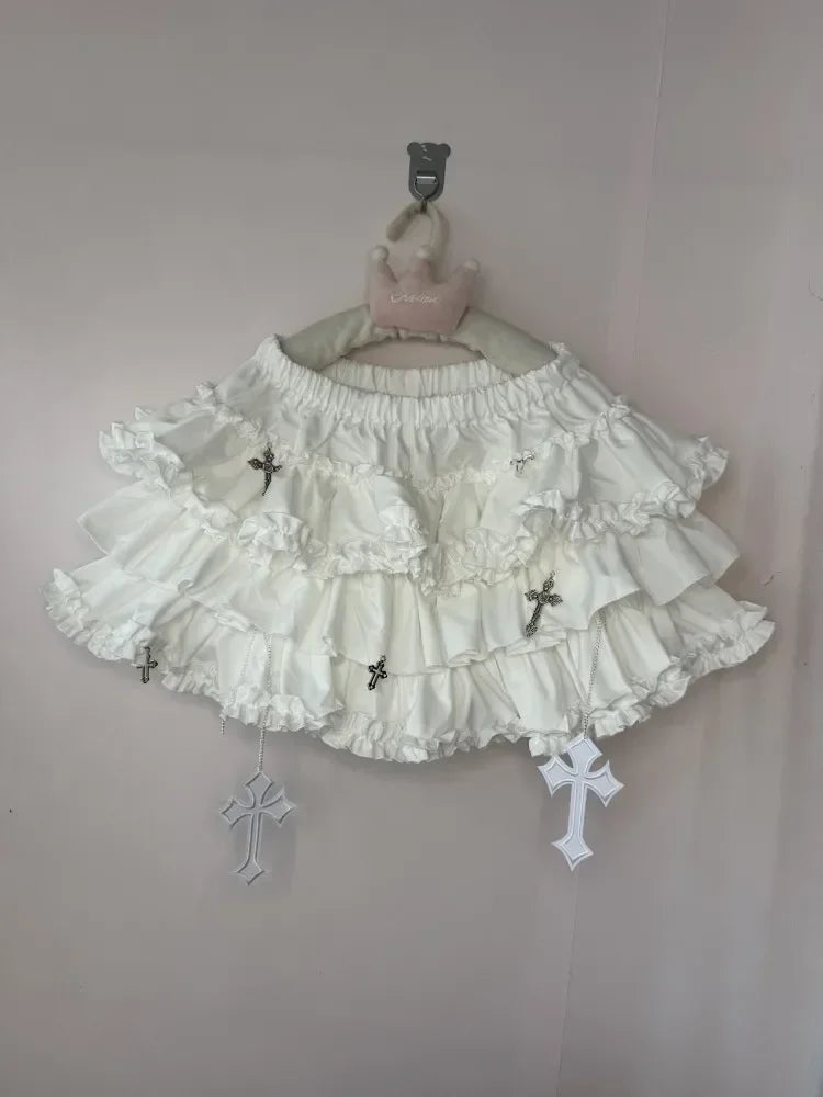 Emo Women Y2K Japanese Goth Elastic Waist Cross Mini Short Skirt High Waist Aesthetic Acubi Ruffle Skirts A-line 2000s Clothes White