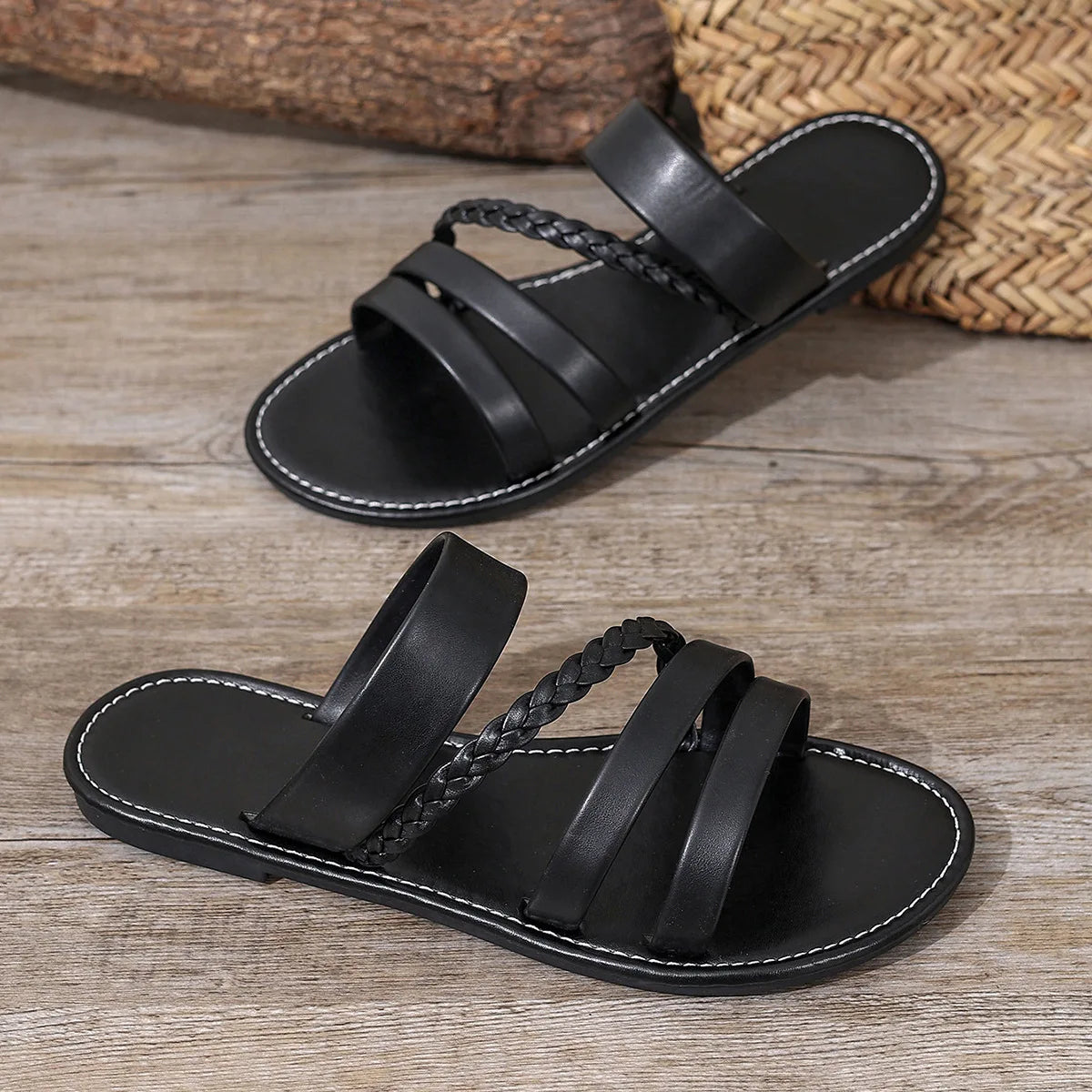 Women Sandals Summer Solid Colour Simple Ankle Strap Round Breathable Flat Bottom Roman Shoes Comfortable Women Beach Sandals