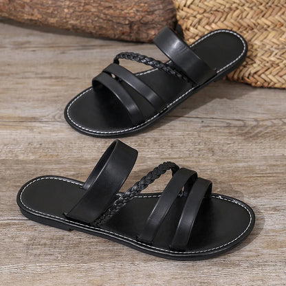 Women Sandals Summer Solid Colour Simple Ankle Strap Round Breathable Flat Bottom Roman Shoes Comfortable Women Beach Sandals