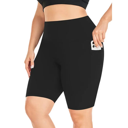 Women's High-Waisted Yoga Shorts Plus Size Workout Leggings with Dual Pockets Stretch European Style Activewear for Gym & Casual
