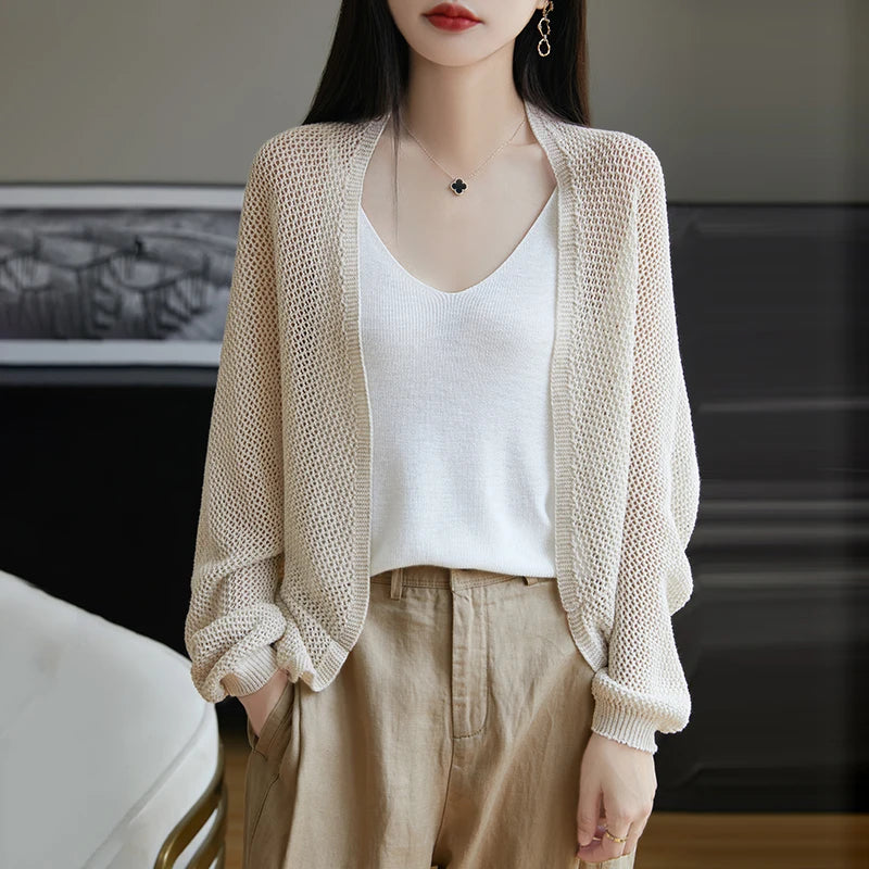 2025 New Hollow Out Loose Knit Cardigan Women Openwork Linen Shawl Summer Kimono Style Unique Cape Shawl Sweater Shrug Top Beige