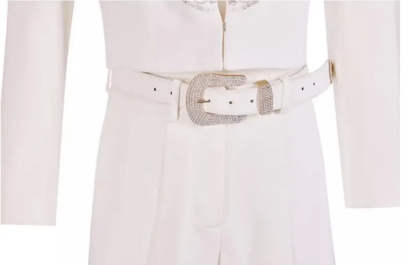 Elegant Office Ladies Designer Handmade Diamonds Slim Fit Short Jacket Hgih Waist Wide Leg Pants Women Two Piece Set Size S-5XL Badiee Stylez