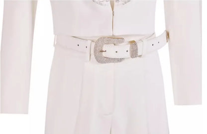 Elegant Office Ladies Designer Handmade Diamonds Slim Fit Short Jacket Hgih Waist Wide Leg Pants Women Two Piece Set Size S-5XL Badiee Stylez