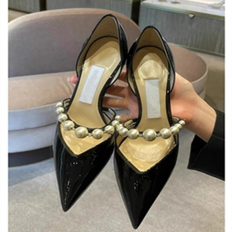 Spring/Summer New Pointed High Heels Hollow Fashion Banquet Pearl Hollow V-Mouth Women's Thin Heels Shallow Mouth Sandals black 7.5 cm