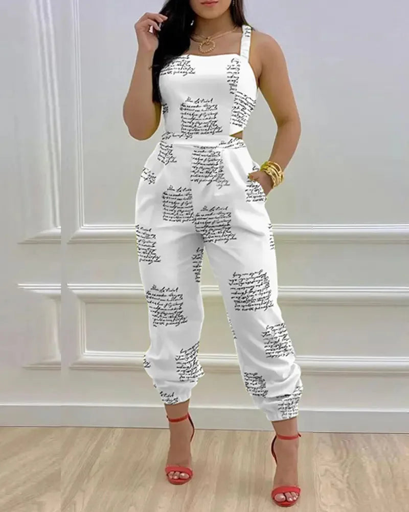 Women Printed Letter Jumpsuits Sleeveless V Neck Suspenders Backless High Waist Trousers Overall Rompers Pockets One Piece