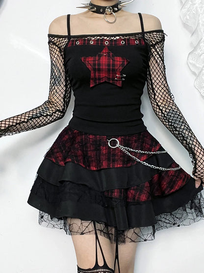 AltGoth Y2k E-girl Vintage Camis Women Mall Gothic Cyber Punk Emo Alt Grunge Hotsweet Plaid Pentagram Patchwork Crop Tank Tops