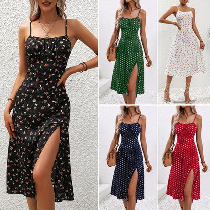 2024 Summer Sexy Spaghetti Straps Dress Women Fashion Polka Dot Print Sleeveless Slit Dress Boho Casual Beach Midi Dresses Badiee Stylez