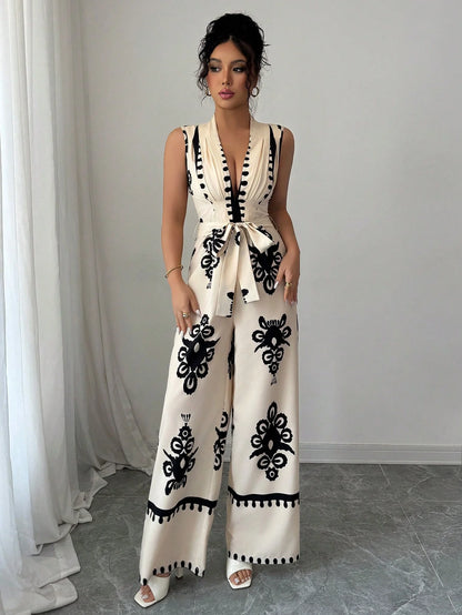 Women's fashion lace up printed V-neck wide leg jumpsuit Badiee Stylez